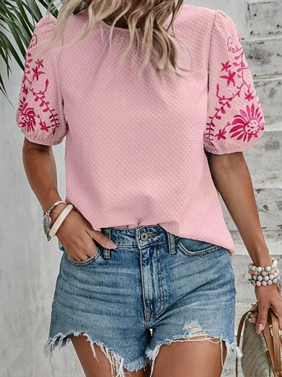 Loose Short Sleeves Bow-Embellished Contrast Color Split-Joint Round-Neck Blouses&Shirts Tops - Image 9