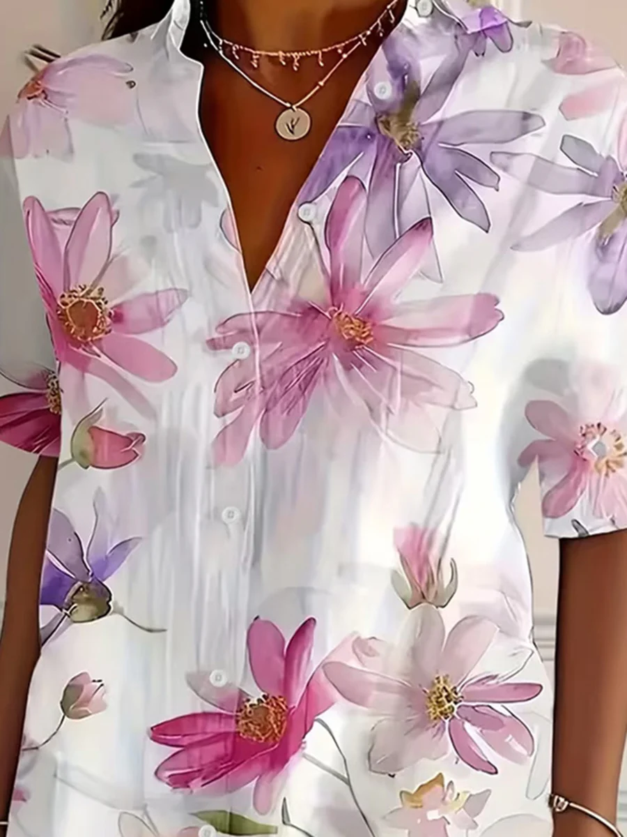 Loose Short Sleeves Buttoned Contrast Color Flower Print Lapel Blouses&Shirts Tops - Image 2