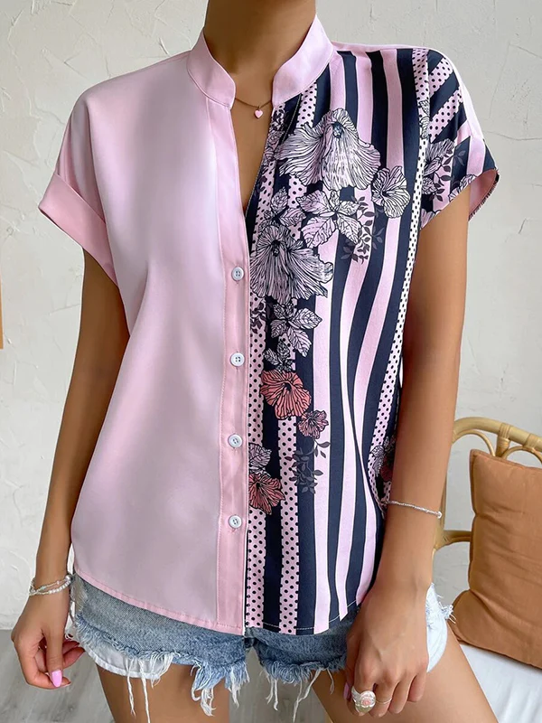 Loose Short Sleeves Buttoned Contrast Color Flower Print Striped V-Neck Blouses&Shirts Tops - Image 10
