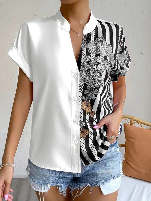 Loose Short Sleeves Buttoned Contrast Color Flower Print Striped V-Neck Blouses&Shirts Tops - Image 14