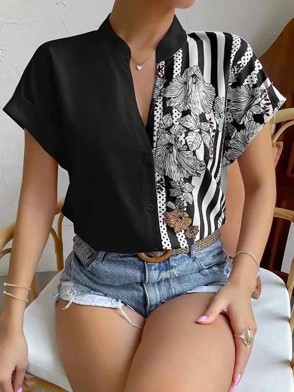 Loose Short Sleeves Buttoned Contrast Color Flower Print Striped V-Neck Blouses&Shirts Tops - Image 16