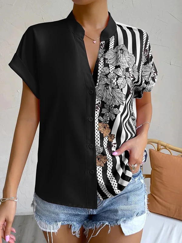 Loose Short Sleeves Buttoned Contrast Color Flower Print Striped V-Neck Blouses&Shirts Tops - Image 17