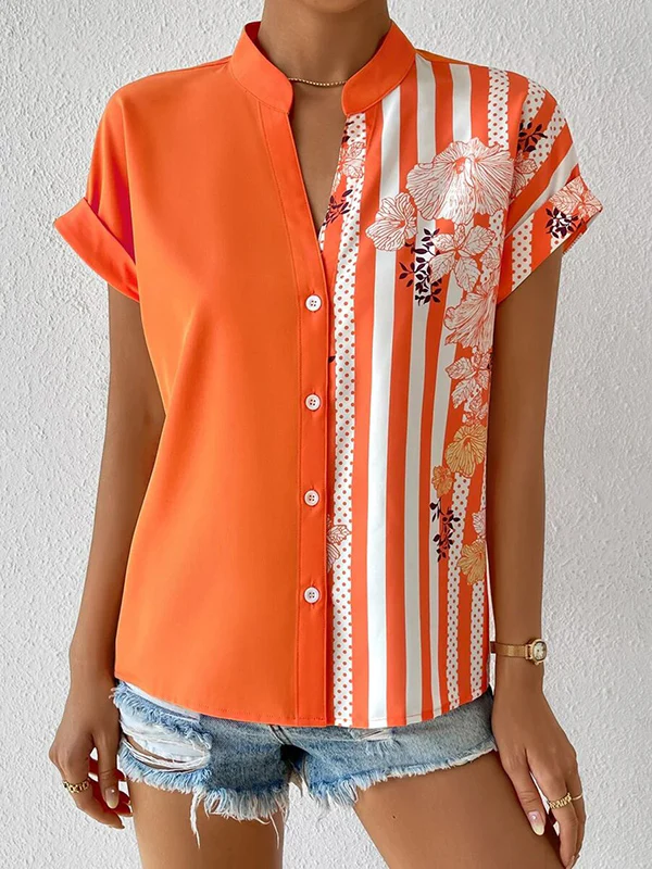 Loose Short Sleeves Buttoned Contrast Color Flower Print Striped V-Neck Blouses&Shirts Tops - Image 18