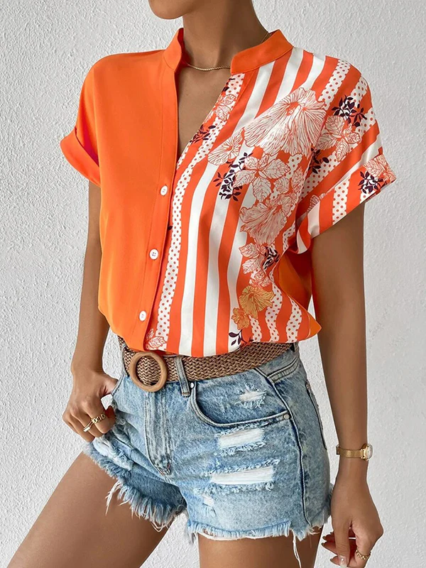 Loose Short Sleeves Buttoned Contrast Color Flower Print Striped V-Neck Blouses&Shirts Tops - Image 19