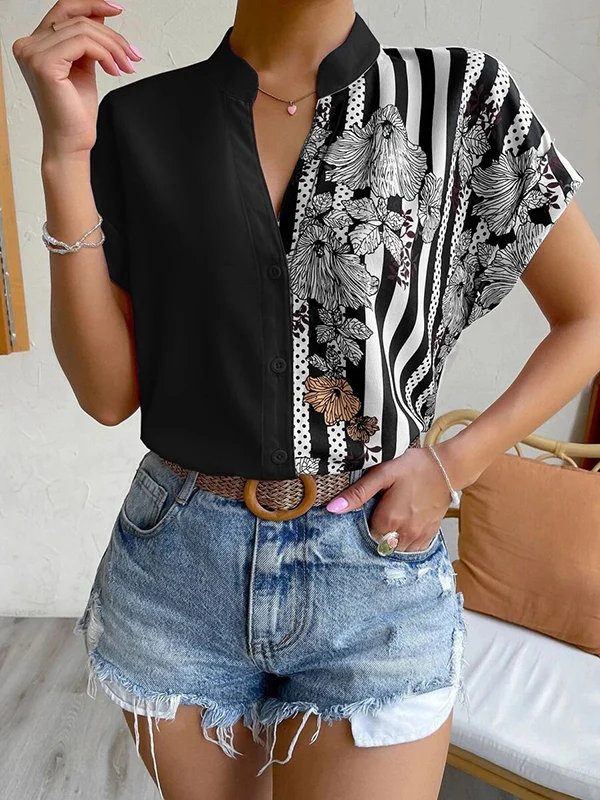 Loose Short Sleeves Buttoned Contrast Color Flower Print Striped V-Neck Blouses&Shirts Tops - Image 2