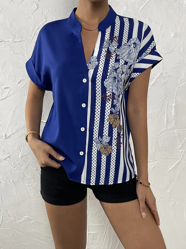 Loose Short Sleeves Buttoned Contrast Color Flower Print Striped V-Neck Blouses&Shirts Tops - Image 20