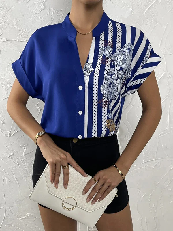 Loose Short Sleeves Buttoned Contrast Color Flower Print Striped V-Neck Blouses&Shirts Tops - Image 21