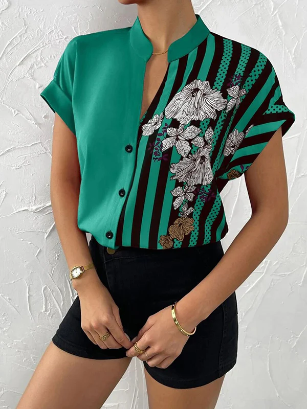 Loose Short Sleeves Buttoned Contrast Color Flower Print Striped V-Neck Blouses&Shirts Tops - Image 23