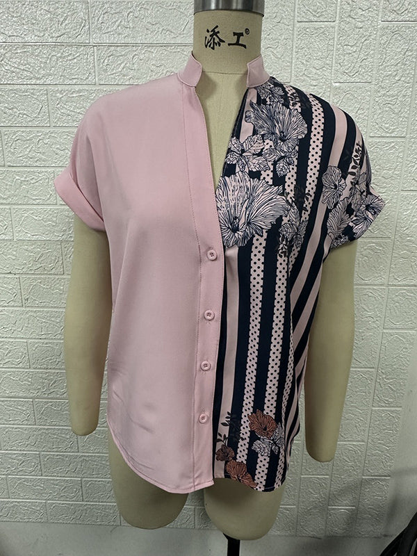 Loose Short Sleeves Buttoned Contrast Color Flower Print Striped V-Neck Blouses&Shirts Tops - Image 24