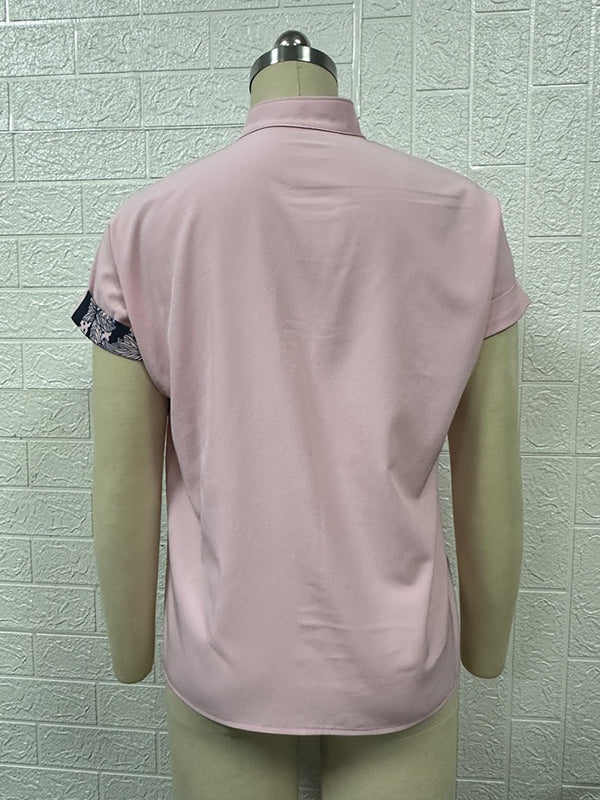 Loose Short Sleeves Buttoned Contrast Color Flower Print Striped V-Neck Blouses&Shirts Tops - Image 25