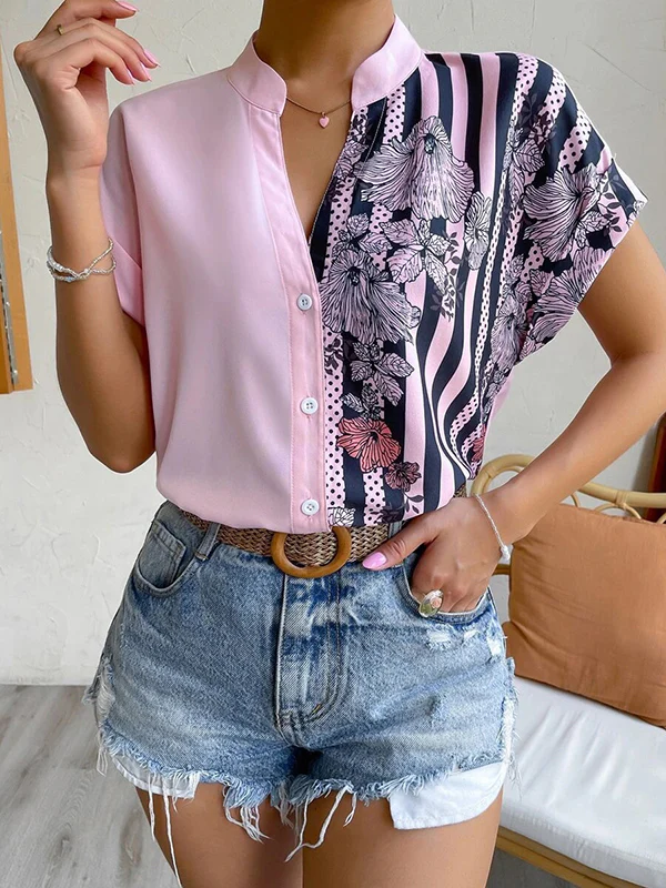 Loose Short Sleeves Buttoned Contrast Color Flower Print Striped V-Neck Blouses&Shirts Tops - Image 3