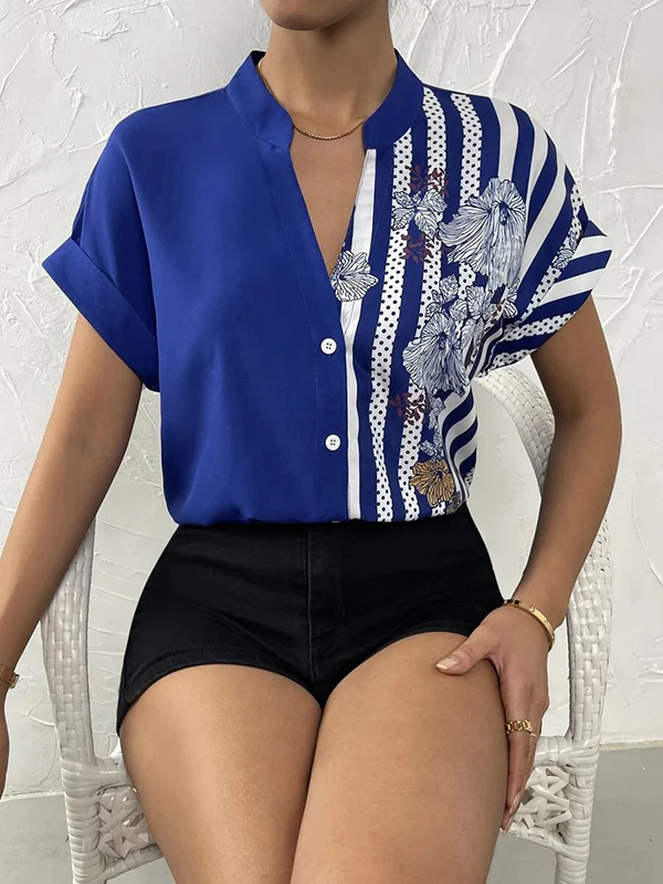Loose Short Sleeves Buttoned Contrast Color Flower Print Striped V-Neck Blouses&Shirts Tops - Image 5