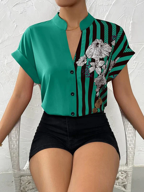 Loose Short Sleeves Buttoned Contrast Color Flower Print Striped V-Neck Blouses&Shirts Tops - Image 6