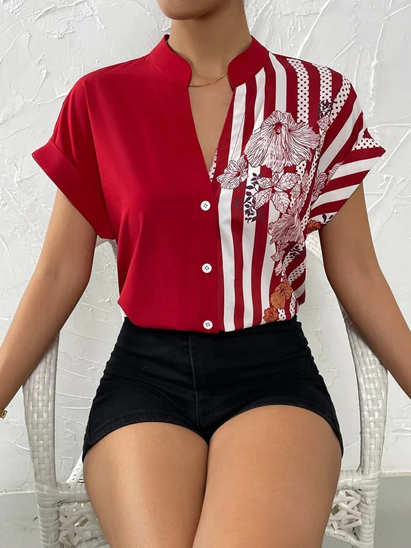 Loose Short Sleeves Buttoned Contrast Color Flower Print Striped V-Neck Blouses&Shirts Tops - Image 7