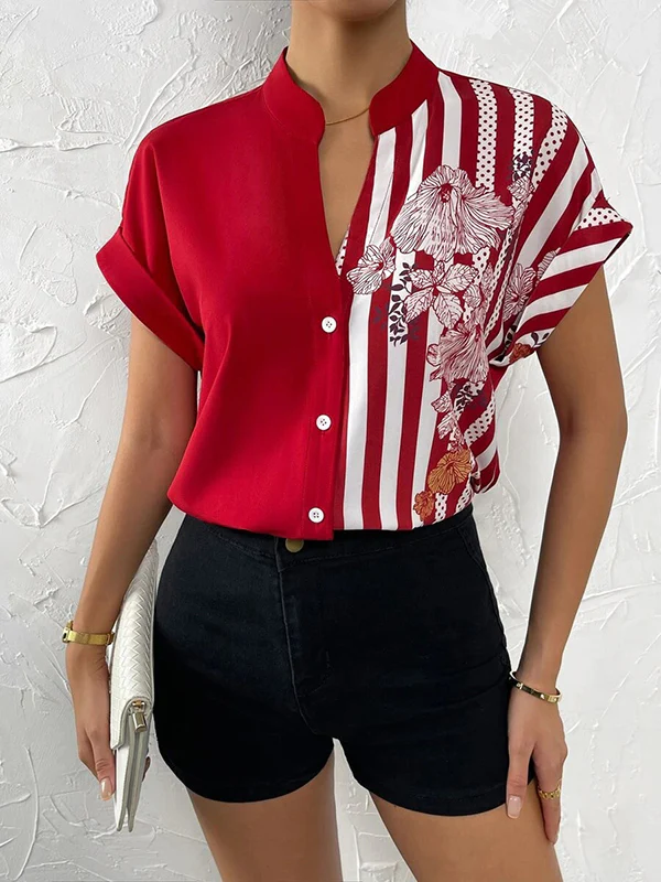 Loose Short Sleeves Buttoned Contrast Color Flower Print Striped V-Neck Blouses&Shirts Tops - Image 8
