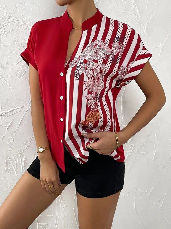 Loose Short Sleeves Buttoned Contrast Color Flower Print Striped V-Neck Blouses&Shirts Tops - Image 9