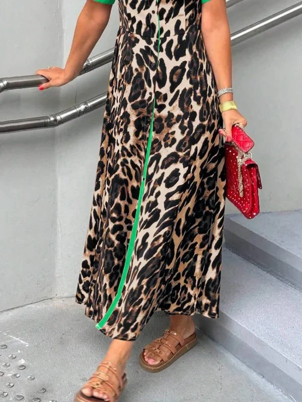 Loose Short Sleeves Buttoned Contrast Color Leopard Lapel Maxi Dresses Shirt Dress - Image 2