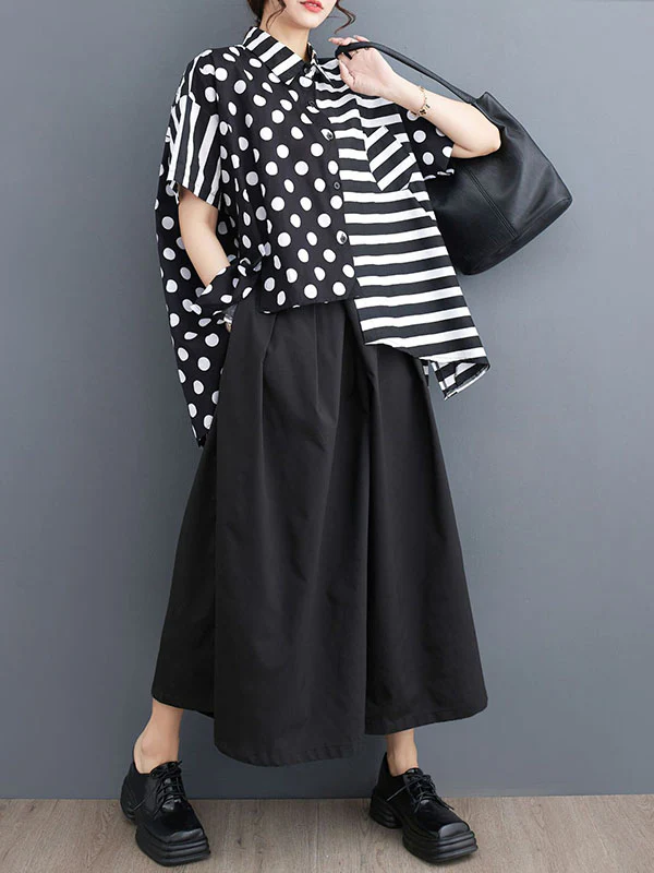 Loose Short Sleeves Buttoned Contrast Color Pockets Polka-Dot Split-Back Split-Joint Striped Lapel Blouses&Shirts Tops - Image 2