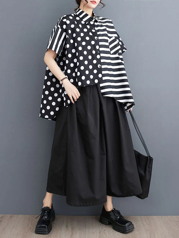 Loose Short Sleeves Buttoned Contrast Color Pockets Polka-Dot Split-Back Split-Joint Striped Lapel Blouses&Shirts Tops - Image 3