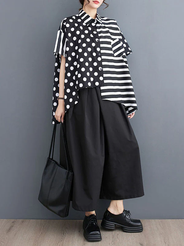Loose Short Sleeves Buttoned Contrast Color Pockets Polka-Dot Split-Back Split-Joint Striped Lapel Blouses&Shirts Tops - Image 4