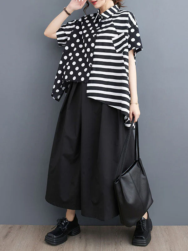 Loose Short Sleeves Buttoned Contrast Color Pockets Polka-Dot Split-Back Split-Joint Striped Lapel Blouses&Shirts Tops - Image 5