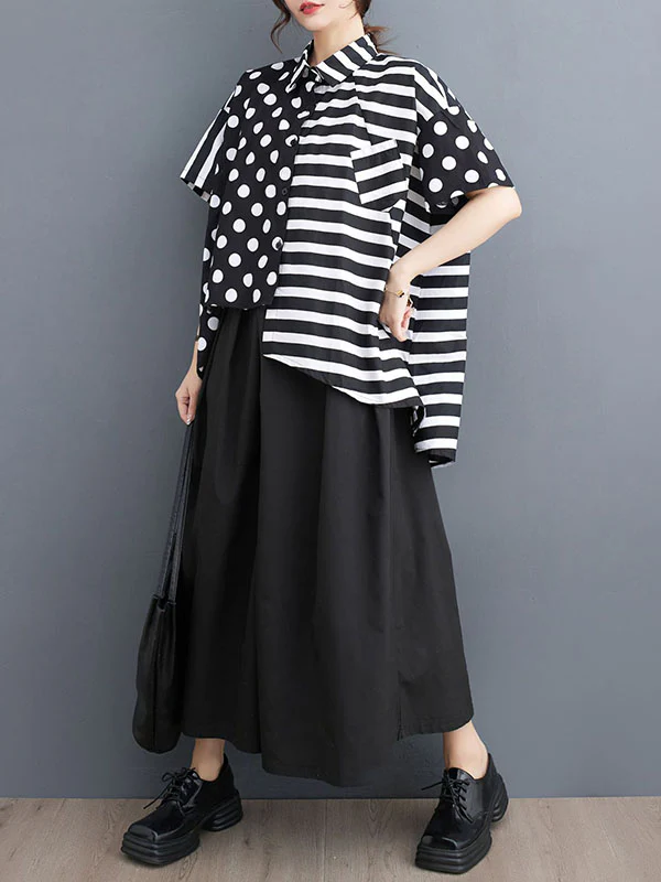 Loose Short Sleeves Buttoned Contrast Color Pockets Polka-Dot Split-Back Split-Joint Striped Lapel Blouses&Shirts Tops - Image 6