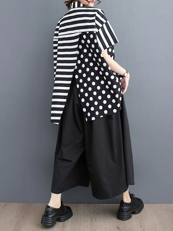 Loose Short Sleeves Buttoned Contrast Color Pockets Polka-Dot Split-Back Split-Joint Striped Lapel Blouses&Shirts Tops - Image 7