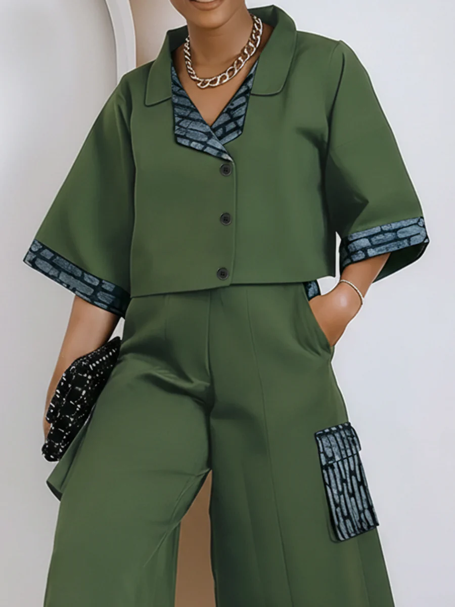 Loose Short Sleeves Buttoned Contrast Color Split-Joint Lapel Blouses&Shirts Tops - Image 7