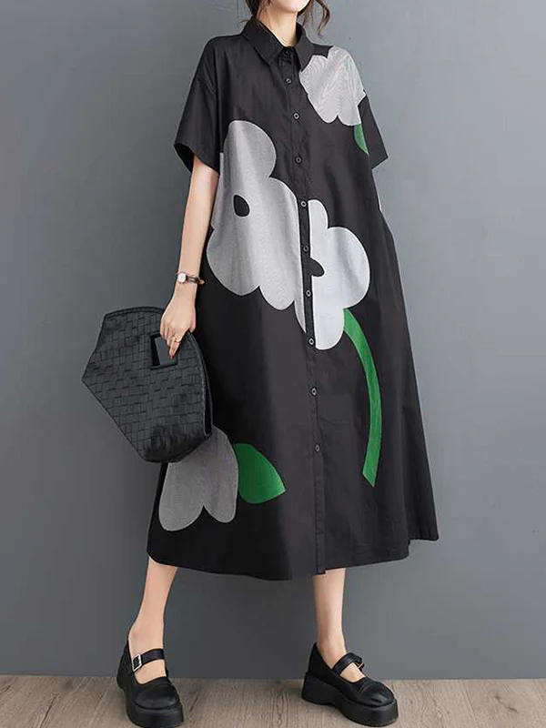 Loose Short Sleeves Buttoned Floral Printed Lapel Collar Midi Dresses - Image 2