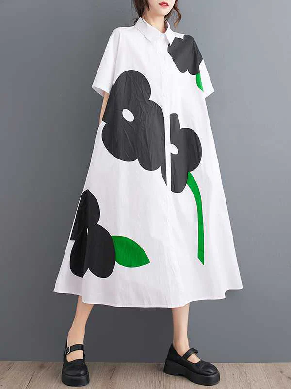 Loose Short Sleeves Buttoned Floral Printed Lapel Collar Midi Dresses - Image 3