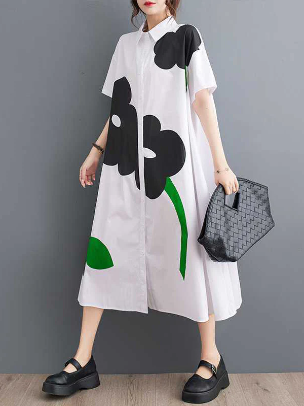 Loose Short Sleeves Buttoned Floral Printed Lapel Collar Midi Dresses - Image 4