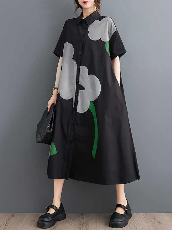 Loose Short Sleeves Buttoned Floral Printed Lapel Collar Midi Dresses - Image 5