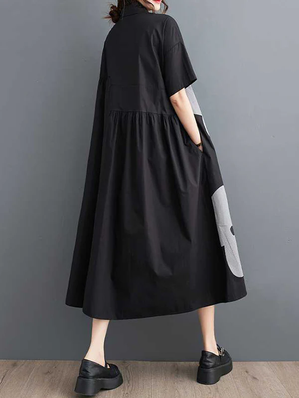 Loose Short Sleeves Buttoned Floral Printed Lapel Collar Midi Dresses - Image 6