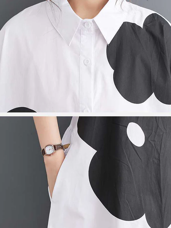 Loose Short Sleeves Buttoned Floral Printed Lapel Collar Midi Dresses - Image 7