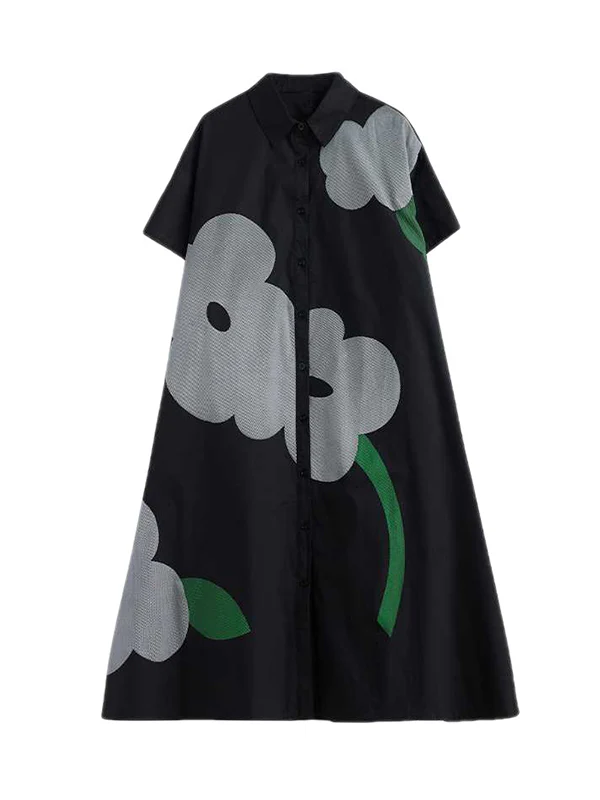 Loose Short Sleeves Buttoned Floral Printed Lapel Collar Midi Dresses - Image 9