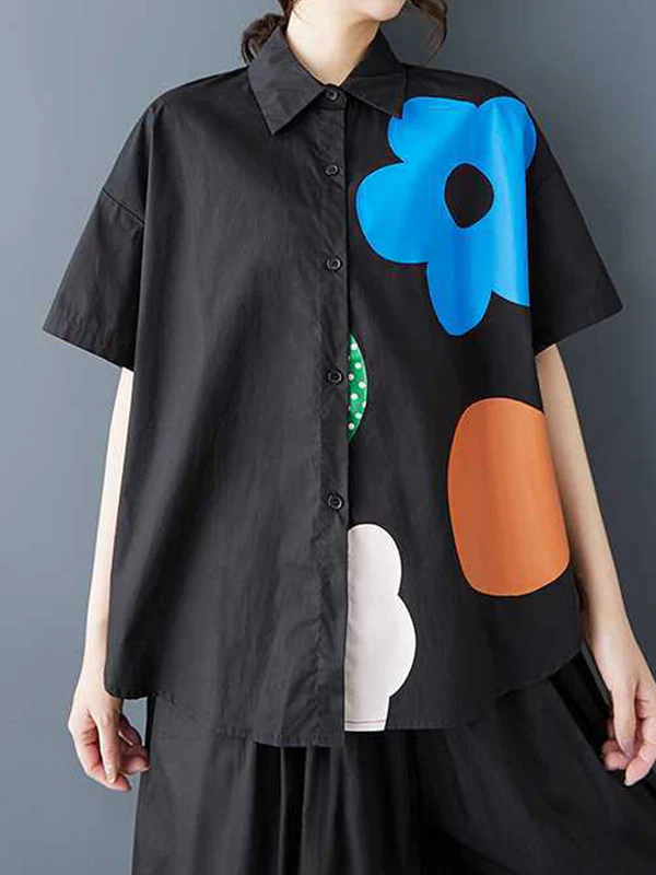 Loose Short Sleeves Buttoned Flower Print Lapel Blouses&Shirts Tops - Image 10