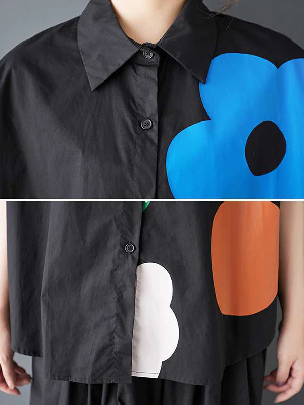 Loose Short Sleeves Buttoned Flower Print Lapel Blouses&Shirts Tops - Image 12