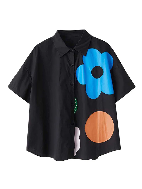 Loose Short Sleeves Buttoned Flower Print Lapel Blouses&Shirts Tops - Image 13