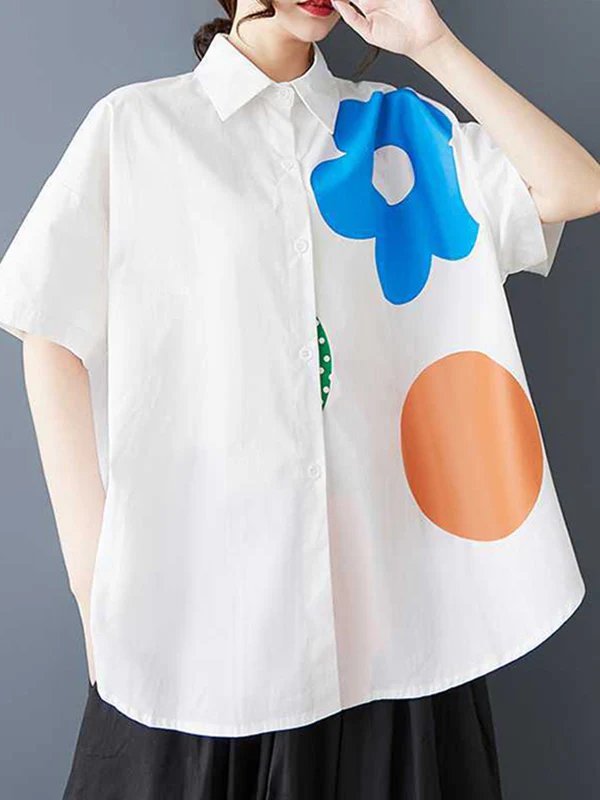 Loose Short Sleeves Buttoned Flower Print Lapel Blouses&Shirts Tops - Image 2