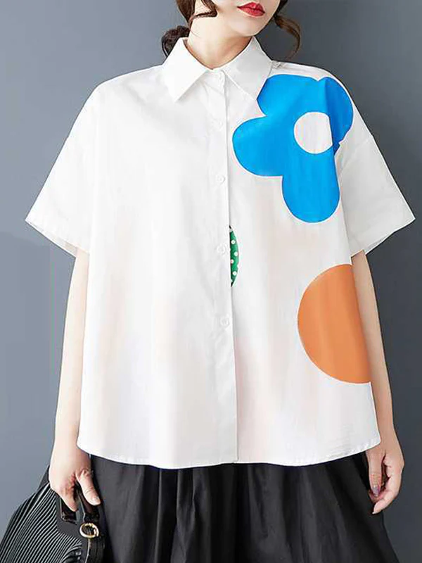 Loose Short Sleeves Buttoned Flower Print Lapel Blouses&Shirts Tops - Image 3