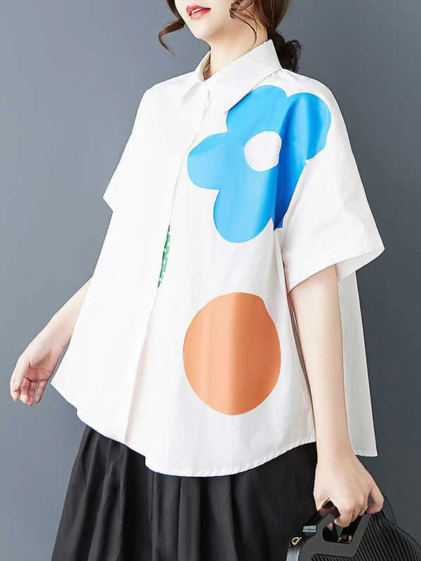 Loose Short Sleeves Buttoned Flower Print Lapel Blouses&Shirts Tops - Image 4