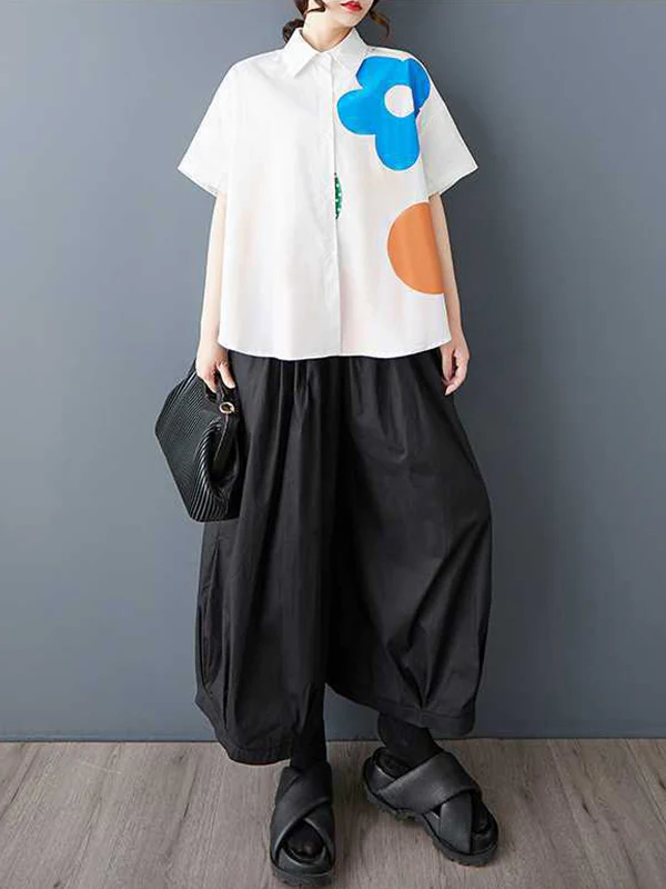 Loose Short Sleeves Buttoned Flower Print Lapel Blouses&Shirts Tops - Image 5