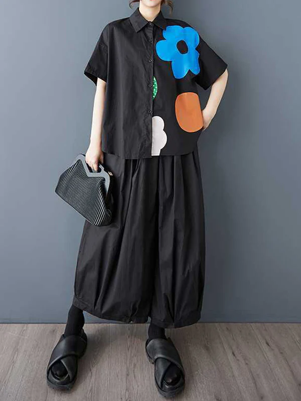 Loose Short Sleeves Buttoned Flower Print Lapel Blouses&Shirts Tops - Image 9