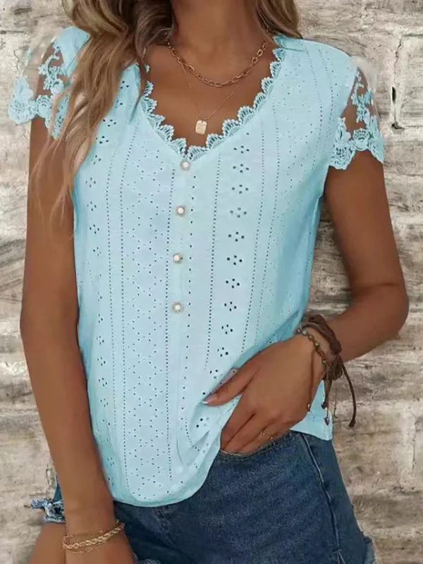 Loose Short Sleeves Buttoned Hollow Mesh Split-Joint V-Neck T-Shirts Tops - Image 2
