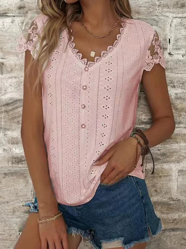 Loose Short Sleeves Buttoned Hollow Mesh Split-Joint V-Neck T-Shirts Tops - Image 3