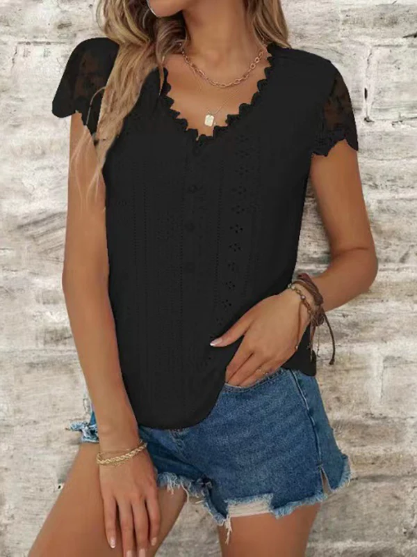 Loose Short Sleeves Buttoned Hollow Mesh Split-Joint V-Neck T-Shirts Tops - Image 4