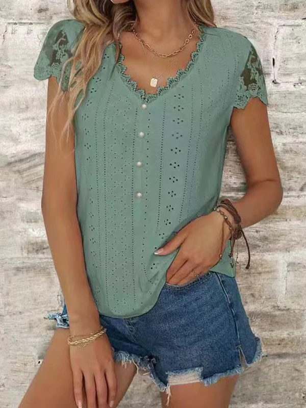 Loose Short Sleeves Buttoned Hollow Mesh Split-Joint V-Neck T-Shirts Tops - Image 5