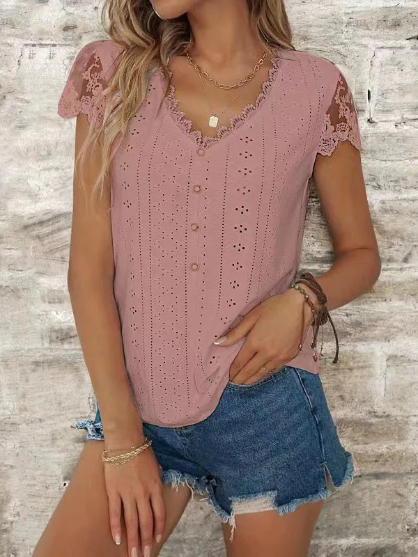 Loose Short Sleeves Buttoned Hollow Mesh Split-Joint V-Neck T-Shirts Tops - Image 6
