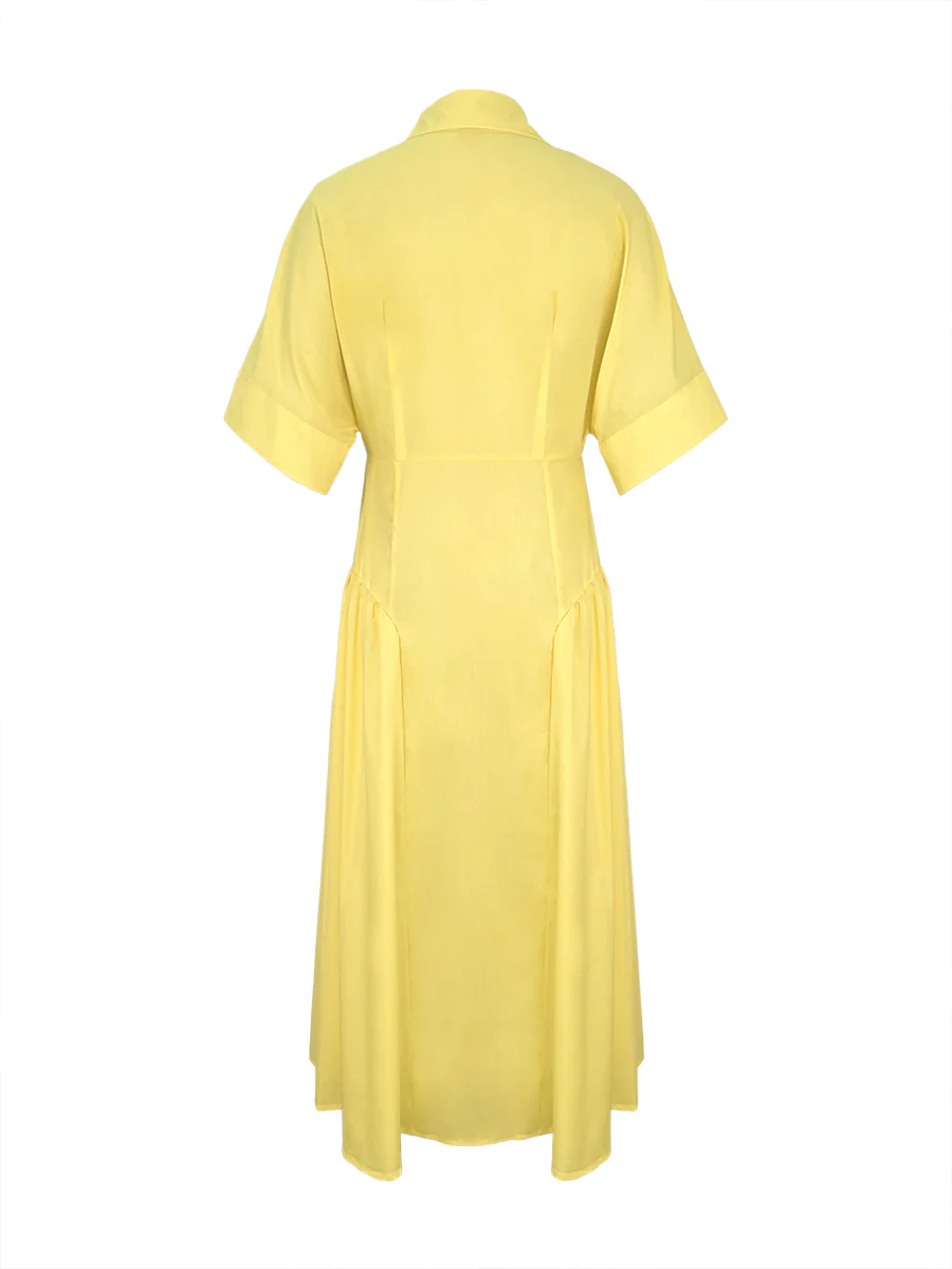Loose Short Sleeves Buttoned Pleated Solid Color Lapel Collar Midi Dresses Shirt Dress - Image 10