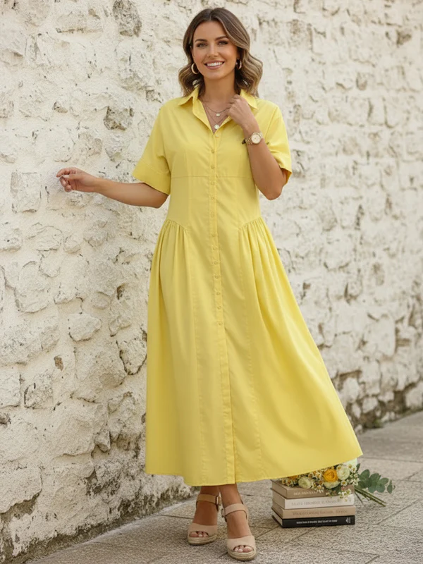 Loose Short Sleeves Buttoned Pleated Solid Color Lapel Collar Midi Dresses Shirt Dress - Image 3